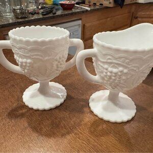 Vintage 1950’s Milk Glass Cream and Sugar on Pedestal with Grape Pattern
